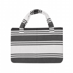 A foldable beach towel bag in grey and white stripes, featuring handles and a logo. Ideal for leisure and outdoor activities.