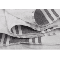 A foldable beach towel bag in white with grey stripes and circular designs, featuring a logo.