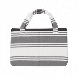 A foldable beach towel bag in grey and white stripes, featuring sturdy handles and a fabric texture.