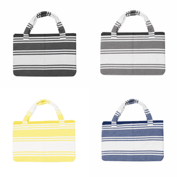 A collection of foldable beach towel bags in black, white, yellow, and navy blue, featuring striped designs and handles.