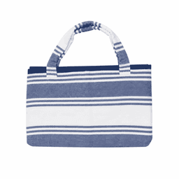 A foldable beach towel bag in blue and white stripes, featuring sturdy handles and a spacious design.