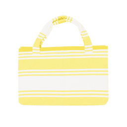 A yellow and white striped foldable beach towel bag with sturdy handles, featuring a logo.