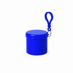 A blue pouch with a lid and a carabiner attachment. The item has a smooth, glossy finish.