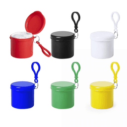 A collection of six round containers in red, black, white, blue, green, and yellow, each featuring a carabiner clip.