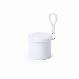 A white pouch with a lid and a carabiner, featuring a simple logo. Compact design for easy portability.