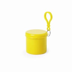A yellow pouch with a lid and a carabiner attachment, featuring a circular design.