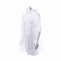 A clear, lightweight poncho displayed on a mannequin with a hood and short sleeves.