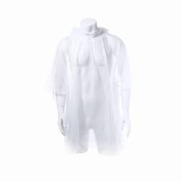 A white LDPE poncho displayed on a mannequin, featuring a hood and loose-fitting sleeves. It has a logo.
