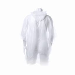 A white poncho made of LDPE material, featuring a hood and loose-fitting sleeves, displayed on a mannequin.