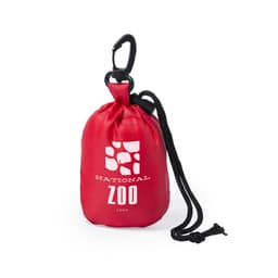 A red drawstring bag with a black clip, featuring a logo and a black cord.
