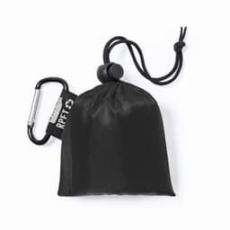 A black pouch with a drawstring and carabiner clip, made from RPET material.