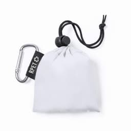 A white poncho packed in a pouch with a carabiner; includes an RPET tag.