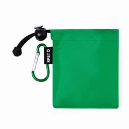 A green pouch with a drawstring and a carabiner clip, featuring a logo.
