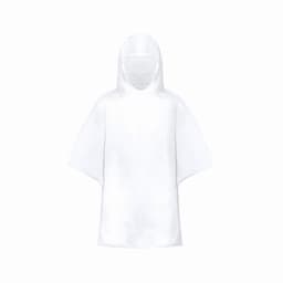 A white kids' poncho with a hood, made from RPET material, folded and stored in a matching pouch.
