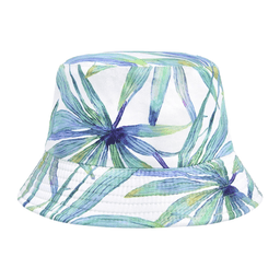 A bucket hat featuring a vibrant tropical leaf pattern in shades of green and blue. It has a branded logo.