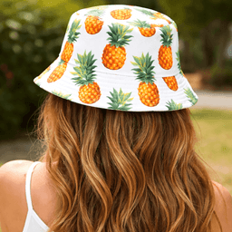 A bucket hat featuring a vibrant pineapple pattern on a white background, designed for sunny days.