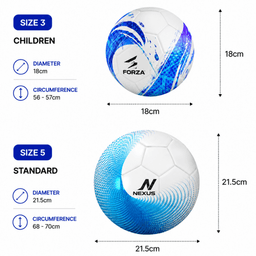 A children's soccer ball, size 3, with a white and blue design, featuring a logo. Diameter: 18cm.