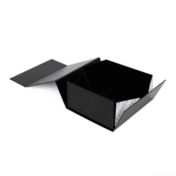 A small, full colour magnetic gift box in black with an open lid and ribbon details. It has a logo inside.