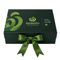 A medium full colour magnetic gift box in dark green, featuring a decorative green ribbon and branding details.