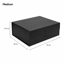 A medium-sized black gift box with a ribbon, featuring two drawers and dimensions of 26 cm by 32 cm by 10.5 cm.