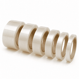 Transparent packaging tape rolls in various widths, displayed in a line, featuring a light beige colour and brown cardboard cores.