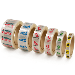 A series of transparent packaging tape rolls in various widths, featuring different logos and branding on a white background.