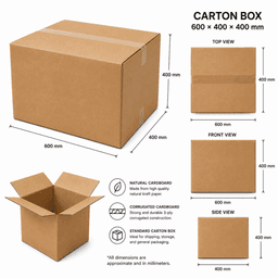 A large brown carton box, measuring 60 × 40 × 40 cm, with various view diagrams and a logo.