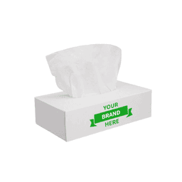 A rectangular tissue box in white with a green logo and tissues protruding from the top.