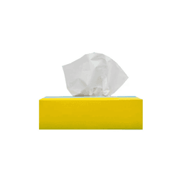 A rectangular tissue box in bright yellow with a white tissue partially pulled out from the top.