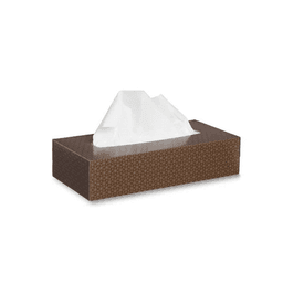 A rectangular tissue box in a brown patterned design with white tissues partially pulled out.