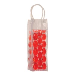 A transparent wine bag with red gel inserts and white handles, featuring a logo.