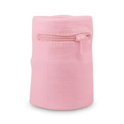 A pink sweat band with a zipper, featuring a textured finish and compact design.