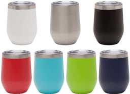 A drink bottle with a stainless steel lid, available in white, silver, black, red, blue, green, and navy. Features a logo.