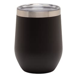 A drink bottle shaped reusable coffee cup in matte black with a clear lid and a stainless steel rim.