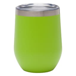 A drink bottle in vibrant green with a stainless steel lid, featuring a smooth, rounded design and a logo.