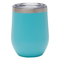 A drink bottle in a vibrant turquoise colour with a stainless steel rim and clear lid, featuring a logo.