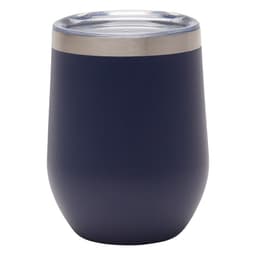 A reusable coffee cup in navy blue with a stainless steel rim and a clear lid. It features a logo.