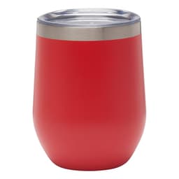 A drink cup in bright red with a stainless steel rim and clear lid, designed for reusable coffee use.