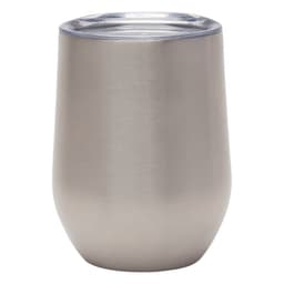 A reusable 350ml stainless steel coffee cup with a clear lid, featuring a sleek design and a metallic finish.