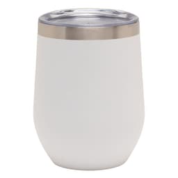 A drink bottle in a sleek white finish with a stainless steel lid, featuring a logo.