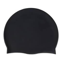 A black silicone swimming cap with a smooth surface and a fitted design. It features a logo on the side.