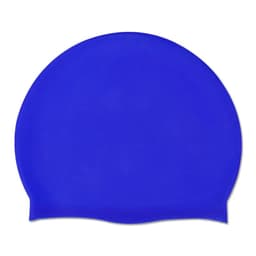 A blue silicone swimming cap featuring a smooth surface and an edge for comfort. It includes a branding logo.