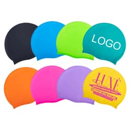 A selection of silicone swimming caps in black, blue, green, orange, pink, and purple, featuring a logo on one cap.