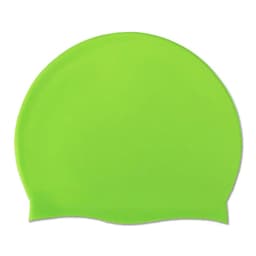 A bright green silicone swimming cap with a smooth surface and rounded shape, featuring a logo.