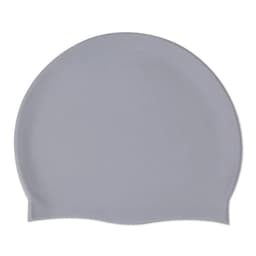 A grey silicone swimming cap featuring a smooth surface and a logo.