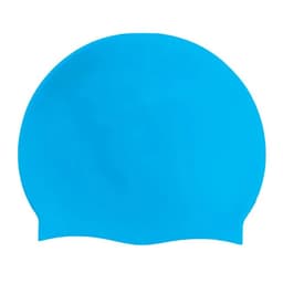 A silicone swimming cap in bright blue, featuring a streamlined design. The cap includes a logo.