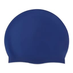 A silicone swimming cap in navy blue with a smooth texture and a subtle branded logo.