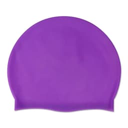 A purple silicone swimming cap featuring a smooth texture and a rounded design. It has a logo on its surface.