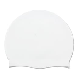 A silicone swimming cap in white, featuring a smooth, rounded design and a logo.
