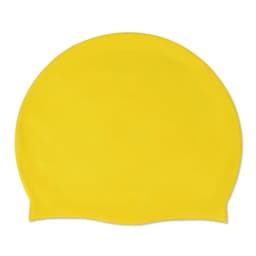 A yellow silicone swimming cap featuring a smooth surface and a simple design, suitable for headwear.